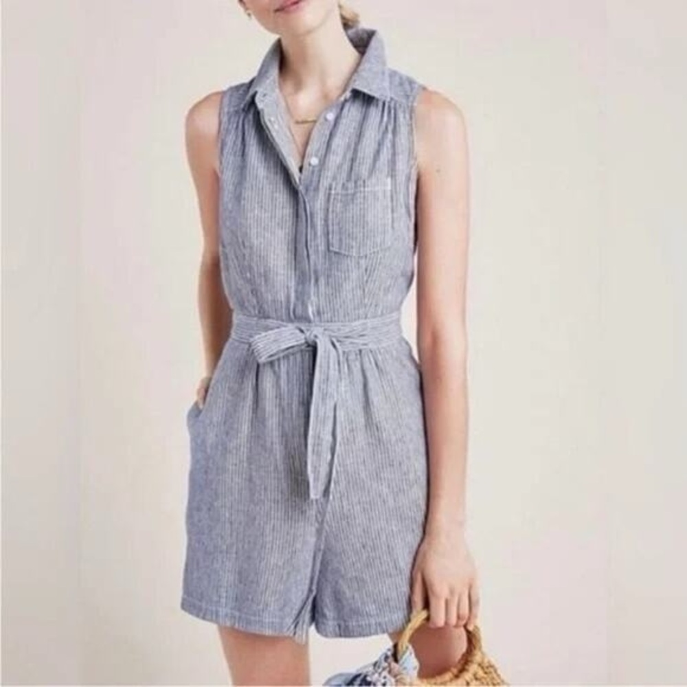 Anthropologie Womens Linen Cotton Blend Blue and White Striped Romper Size US 6